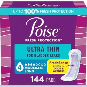 Poise Ultra Thin Incontinence & Postpartum Pads, 4 Drop Moderate, Long 144ct.